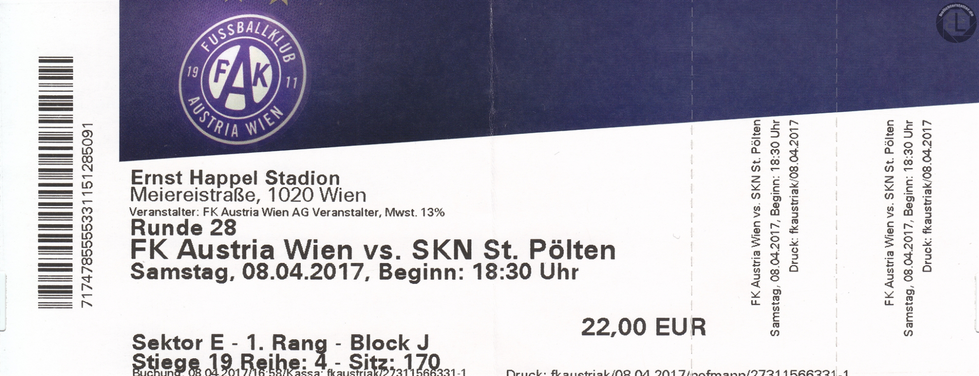 Eintrittskarte FK Austria Wien - SKN St. Pölten 1:2 (08.04.2017)
