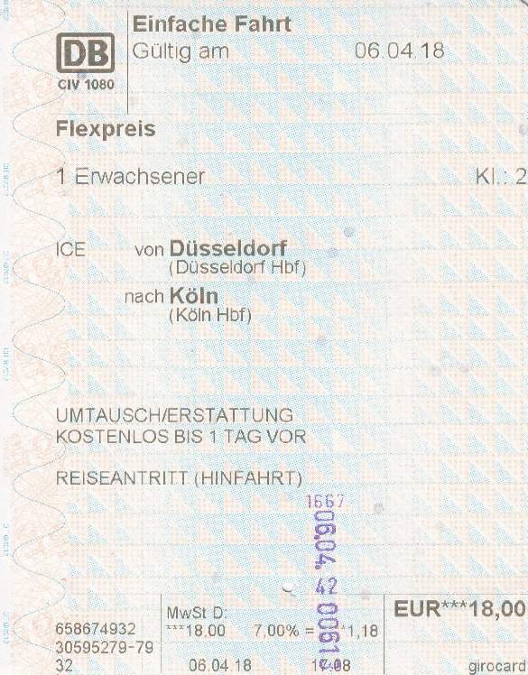 Ticket von Düsseldorf nach Köln am 06.04.2018