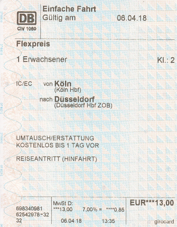 Ticket von Köln nach Düsseldorf am 06.04.2018